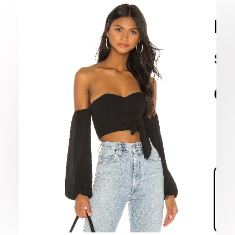 superdown Black Off-Shoulder Tie-Front Balloon Sleeve Crop Top